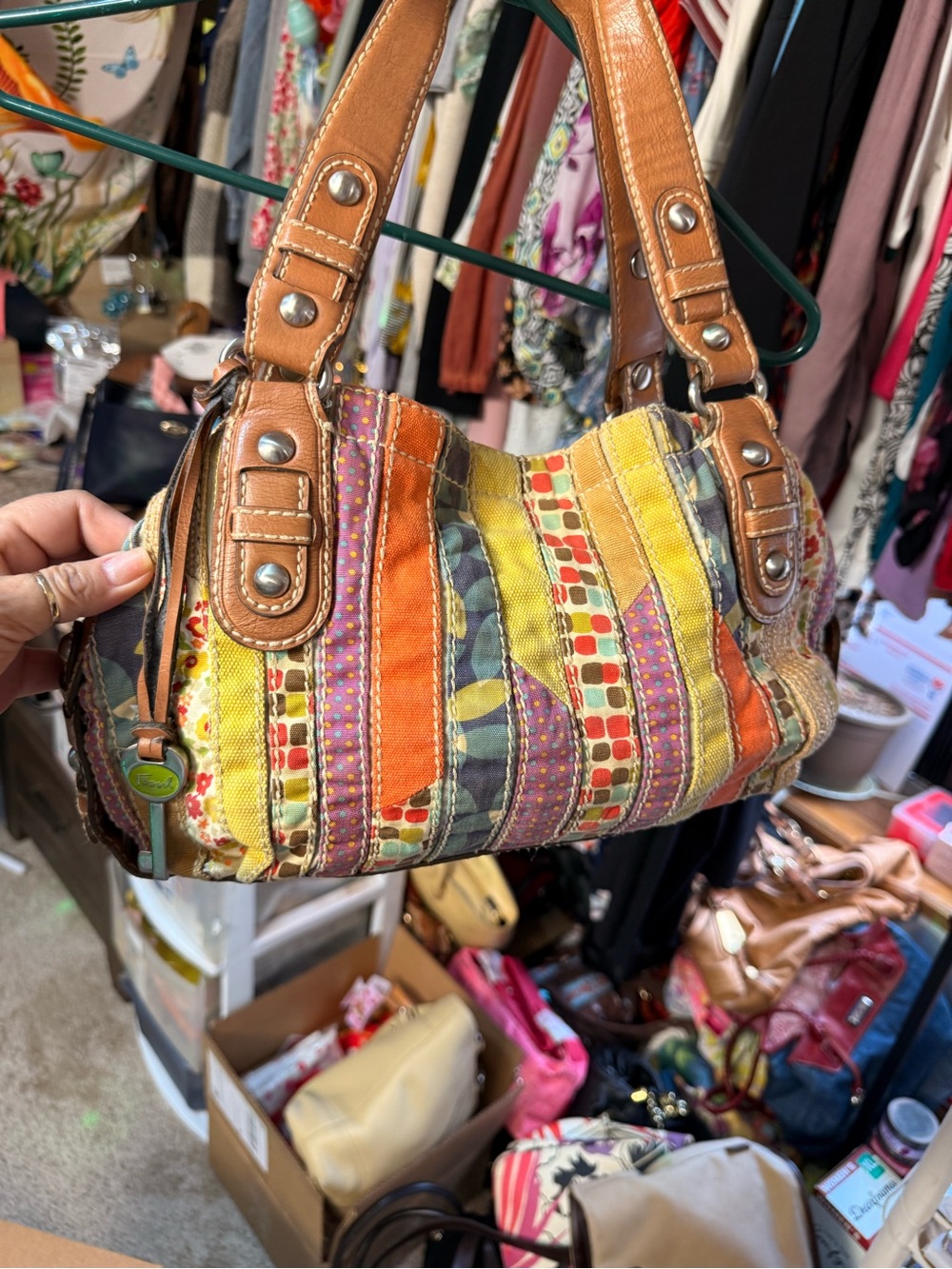Fossil Multicolor Striped Patchwork Shoulder Bag with Tan Leather Handles